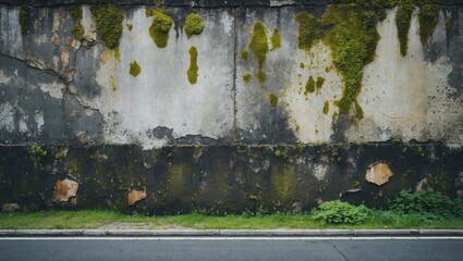 Grunge wall background with moss stains and sidewalk