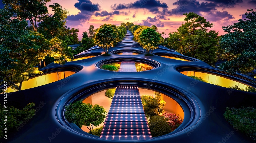 Poster a futuristic architectural landscape featuring circular structures surrounded by lush greenery at su