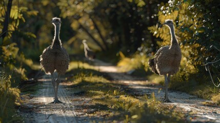 Fototapeta premium Two emu walking on the road in the park at sunset.
