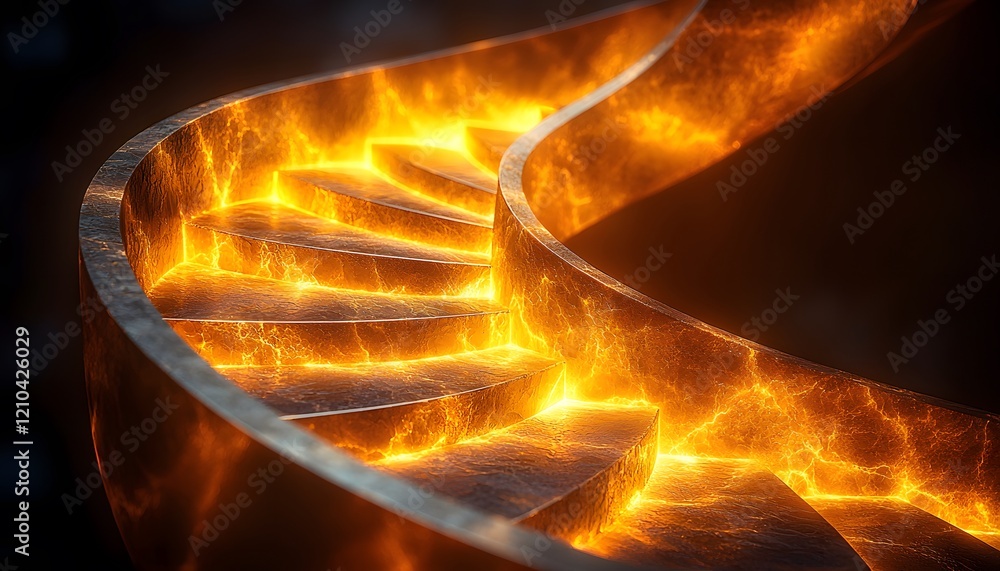 Poster captivating spiral staircase crafted from glowing lava, set against a dark background, evoking a sen