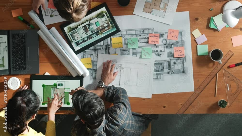 Poster civil engineer team checking at sticky note while standing at meeting. top view of designer working 