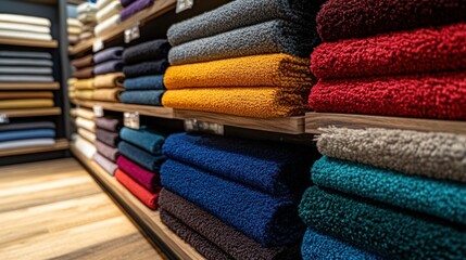 Colorful towels displayed on shelves in store