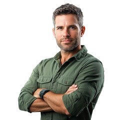 A half-body shot of a man wearing a green casual shirt with arms confidently crossed