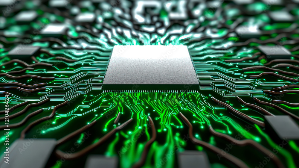 Poster a close-up of a microchip surrounded by intricate green circuit patterns, showcasing technology and 
