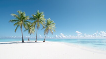 Obraz premium Tropical island paradise palm trees on white sand beach, turquoise ocean, clear sky