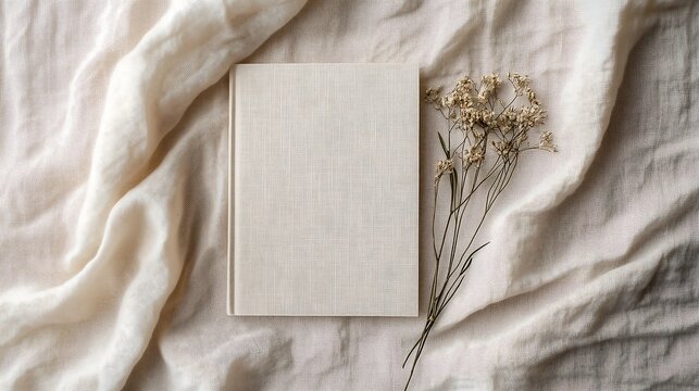 Plain beige notebook book photobook display mockup hardcover with elegant dried flowers on linen cloth background	
