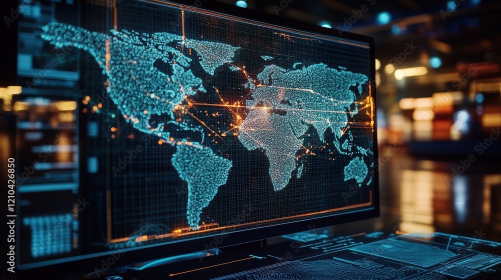 Poster complex network of interconnected nodes spanning across a world map displayed on a computer screen i