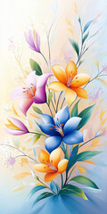 Fototapeta premium Vibrant floral illustration featuring colorful lilies and greenery in a beautiful arrangement