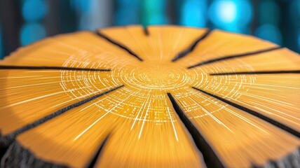 A close-up view of a tree stump reveals intricate growth rings and textures, showcasing the natural beauty and age of the wood.