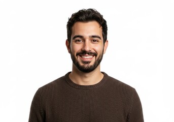 A smiling man with dark hair and a trimmed beard, wearing a brown sweater, standing casually, isolated on a white background