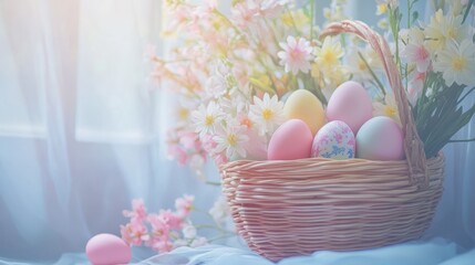 Easter basket with pastel eggs and blooming flowers, soft natural light, bright and cheerful, high detail, festive and inviting springtime atmosphere