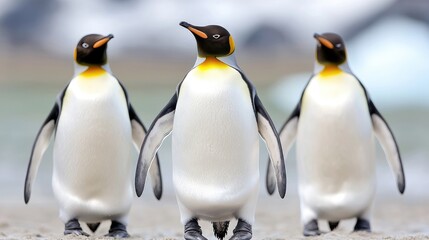 Fototapeta premium Three king penguins walking on Antarctic beach