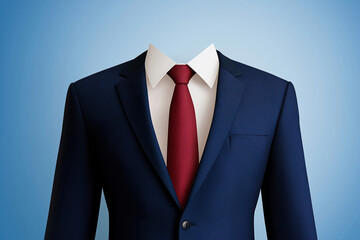 Business attire without a person, showcasing a suit and tie against a blue background
