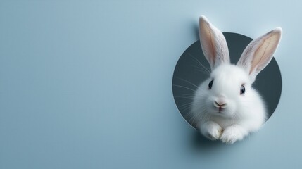 Obraz premium A fluffy white Easter bunny peeks adorably through a circular hole, its curious eyes and twitching nose adding a playful touch.