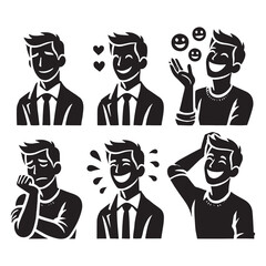 Comprehensive set of smiling man silhouette digital art offering dynamic and creative visuals - man smiling vector set - man smile illustrations set
