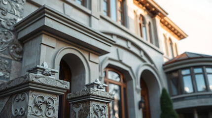 Fototapeta premium Majestic Stone Mansion: Architectural Details and Elegance. Discover the grandeur of this luxury home's exterior, showcasing classic design and exquisite stonework.