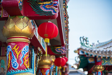 red lantern decoration for Chinese New Year Festival at Chinese shrine Ancient chinese art with the Chinese alphabet Blessings written on it Is a Fortune blessing compliment,Is a public place Thailand