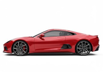 A sleek red sports car with a glossy finish and black alloy wheels, isolated on a white background