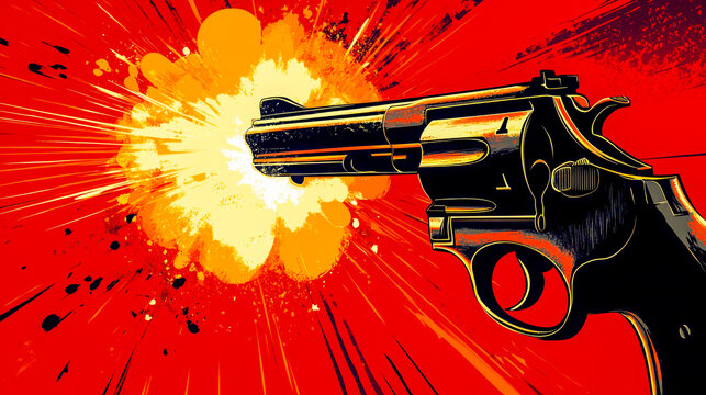 Bold pop art illustration of a revolver firing with an explosive burst, featuring vibrant red and yellow tones for dramatic effect.
