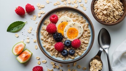 Fototapeta premium Nourishing oatmeal breakfast on clean white background