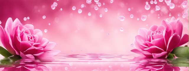 A banner depicting pink gerberas and roses. Flowers lie on a wet surface and are reflected in it. There is a lot of space for copying on the banner.