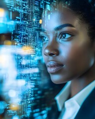 A woman gazes thoughtfully at digital data, symbolizing technology and innovation.