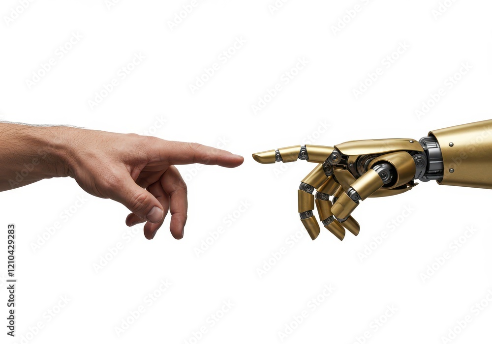 Poster a human hand and a robotic hand reaching towards each other with index fingers almost touching isola