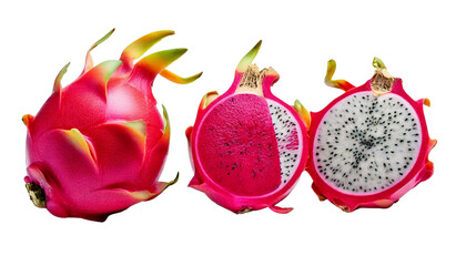Dragon Fruit Slices and Whole Fruit on a White Background