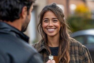 Smiling young woman receiving a key outdoors, symbolizing trust, new beginnings, and happiness, with a blurred background of a neighborhood setting