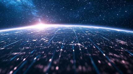 Holographic image style, grand fictional space, curved beams linking from one city to another, showing visual effects that break through regional reality, CGI 