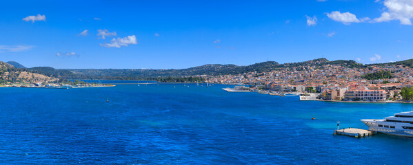View from sea of Argostoli town in Greece.