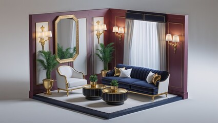 3d Modern design interior wall living room with armchair isometric room
