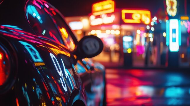 A detailed shot of a fuel pump displaying numbers as a customer fills their car with gasoline, with bright neon signs from the gas station visible in the background