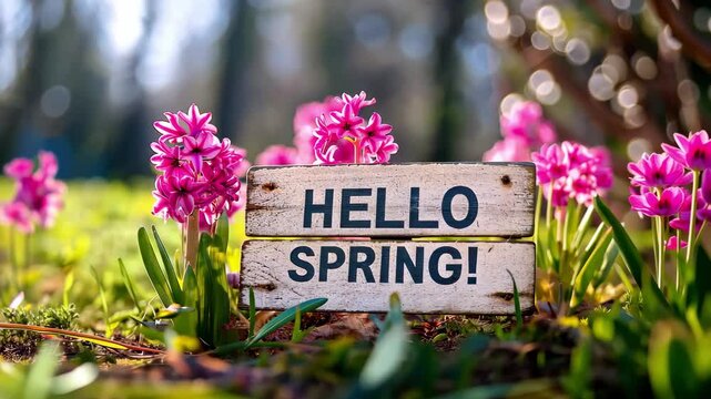 Vibrant spring awakening with blooming flowers and HELLO SPRING sign in sunshine