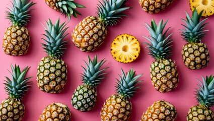 Fototapeta premium Pineapples beautifully arranged on vibrant pink background