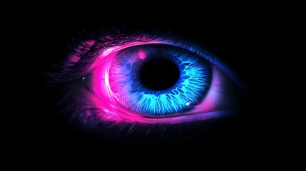Fototapeta premium Close Up of Blue Eye Illuminating with Pink Light, Conceptual Medical Scan Technology