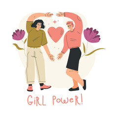 Strong Woman Character Show Heart Gesture Have Power as Feminism Vector Illustration