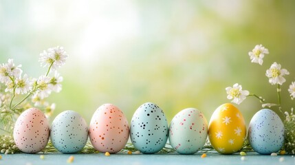 Fototapeta premium Easter eggs arranged in a row on pastel background, bright and cheerful, soft natural light, high detail, festive and inviting atmosphere