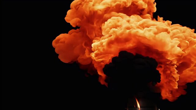 highly realistic explosion simulation of a gas or bomb detonation producing thick billowing black smoke against a dark background for high impact cinematic effects