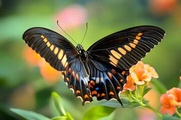 Naklejka premium Stunning Black and Orange Butterfly Resting on Vibrant Blooming Flowers in Nature : Generative AI