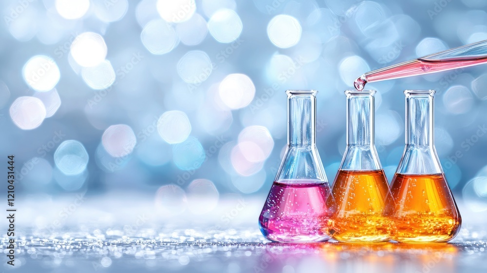 Poster lab experiment colorful liquids poured into flasks. science background