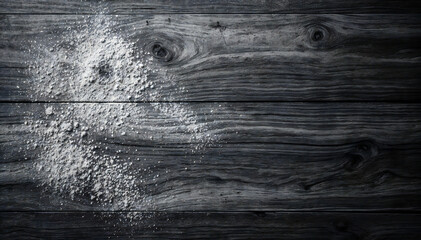 Obraz premium a top-down view of a pile of white flour sprinkled on a rustic wooden surface. The flour contrasts the dark wooden planks
