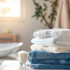Bright and inviting bathroom with neatly stacked white and blue towels on a table