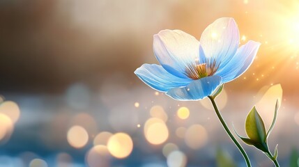 Blue flower glowing warmly under golden light bokeh