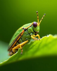 Fototapeta premium Green and Yellow Grasshopper on Vibrant Green Leaf with Detailed Texture