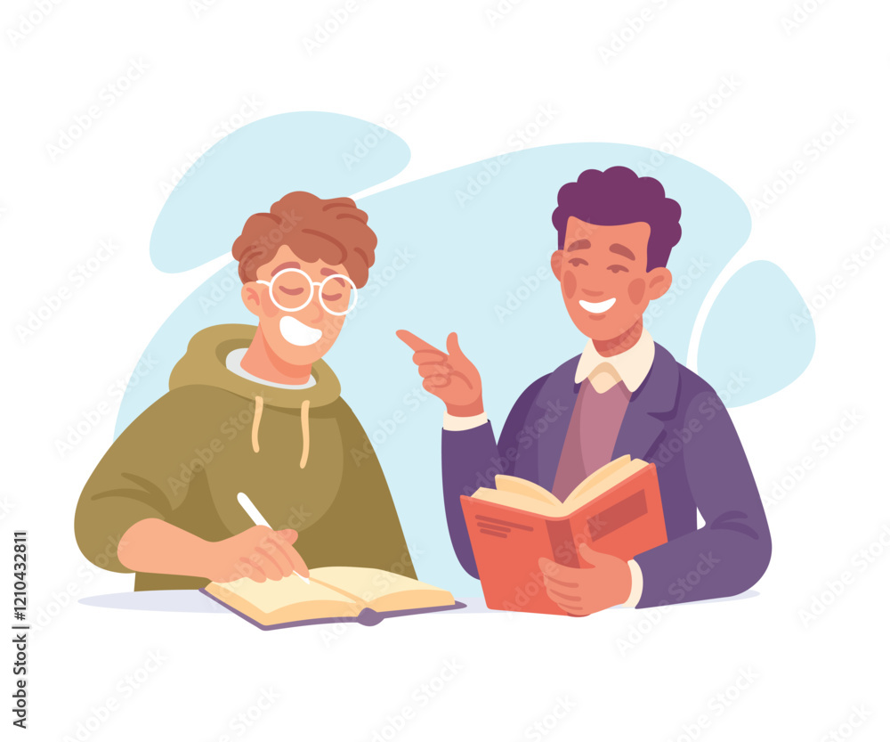 Poster man student character with book learn lesson vector illustration