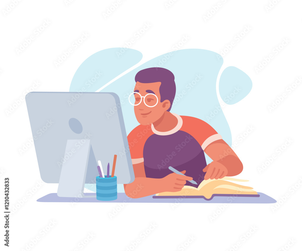 Poster man student character with book at computer screen learn lesson vector illustration