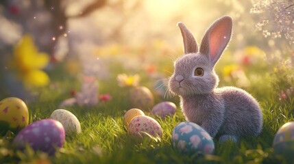 Easter scene with bunny and colorful eggs on grass, soft natural light, high detail, cheerful and inviting, vibrant and festive atmosphere