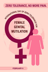 International Day of Zero Tolerance for FGM vector art. A female silhouette and a divided female gender mark against a pink. For FGM campaigns.