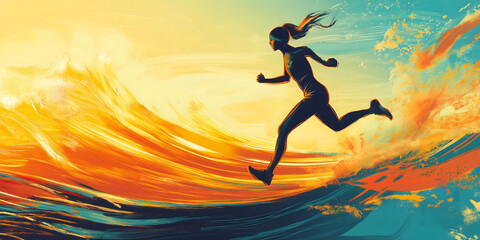 Naklejka premium Vibrant illustration of a runner in motion against a dynamic background of fiery waves, symbolizing energy, determination, and freedom for concepts related to sports, inspiration, or perseverance